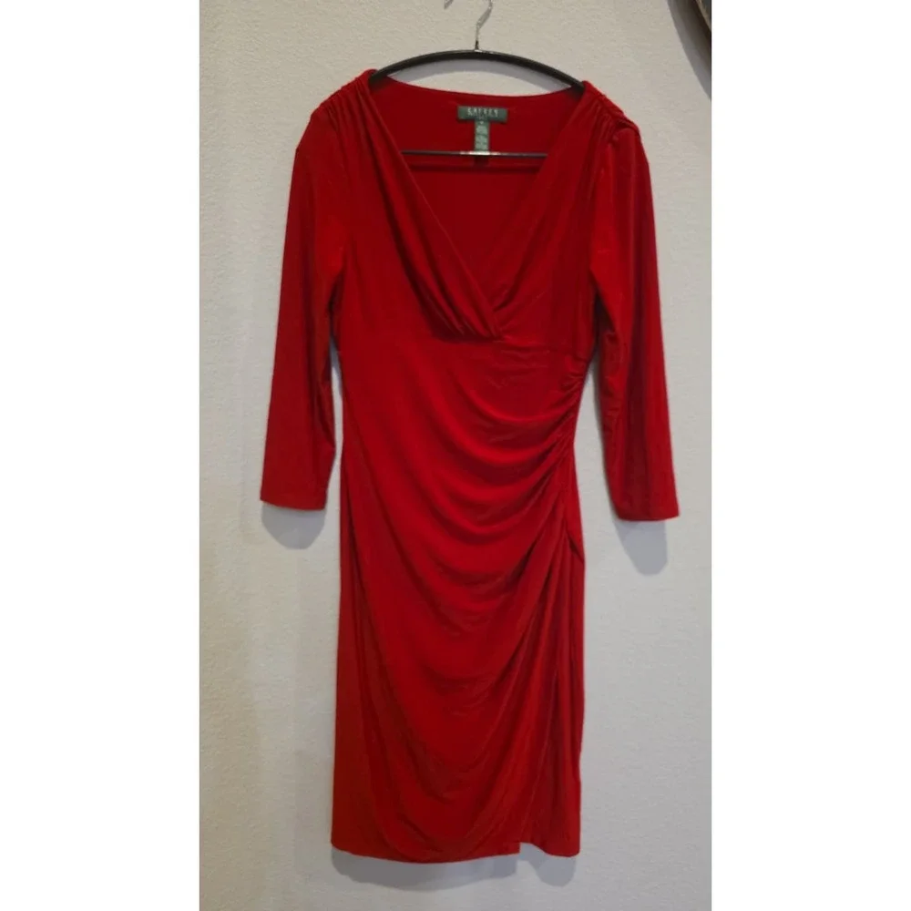 Lauren Ralph Lauren Red Ruched V-Neck Sheath Dress Womens Size 2 3/4 Sleeve - Picture 2 of 9